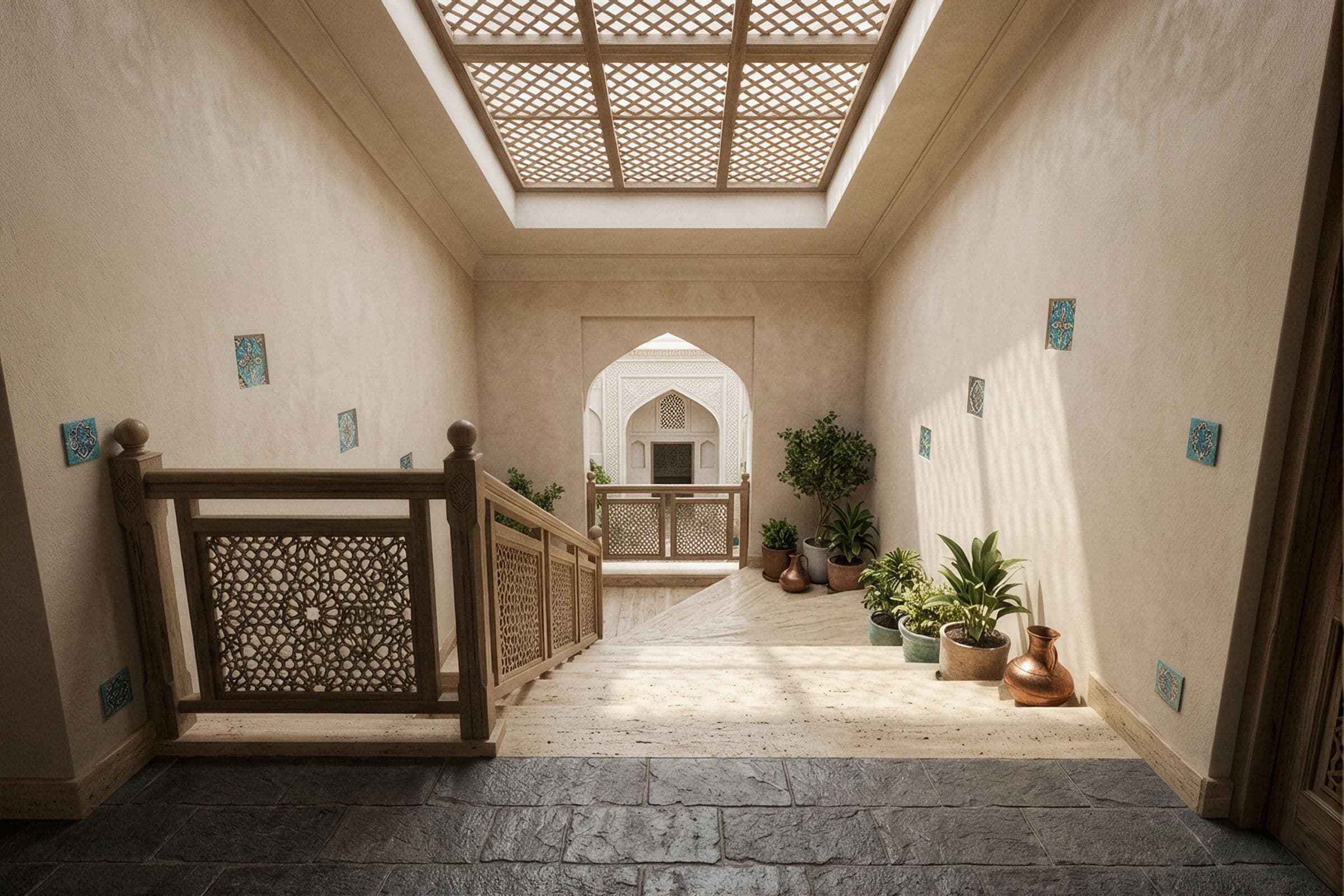 Registan House — yuqori maydonchadan zinaga qarash