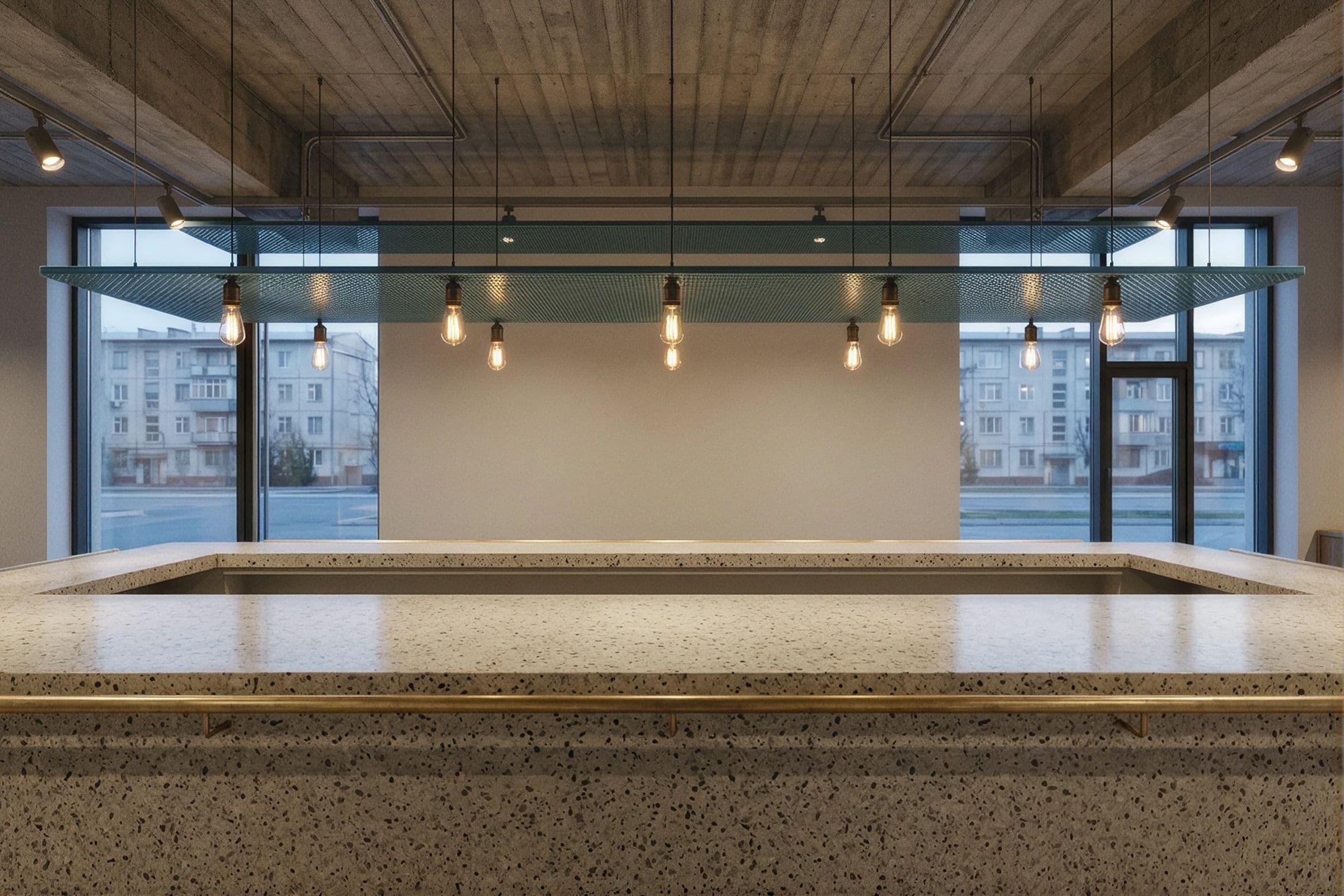 Chorsu Café — ochiq beton shift ostidagi bar peshtaxtasi